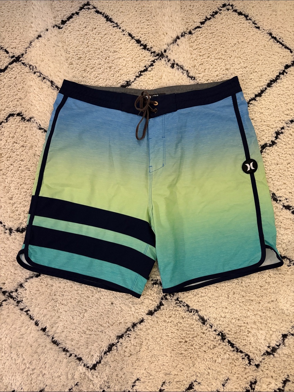 Hurley Men’s Blue to Lime Ombre Board Shorts with Black Trim